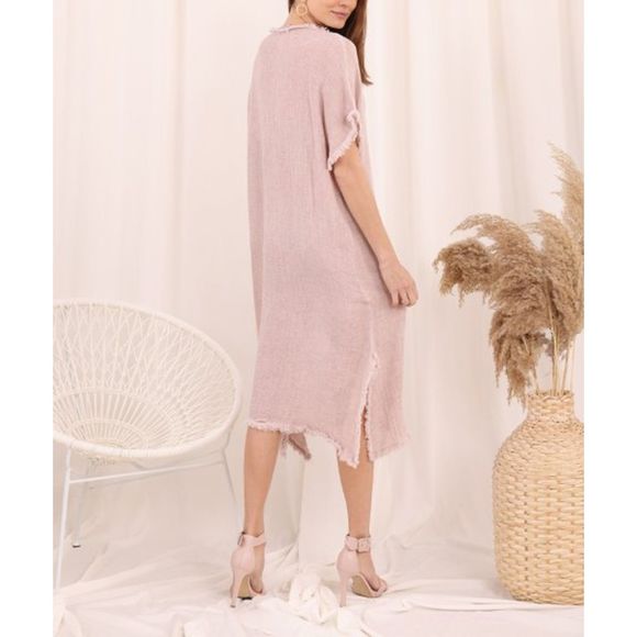 Ornella Paris | Pink Frayed-Trim Linen-Blend Shift Dress, XXL - Picture 2 of 6